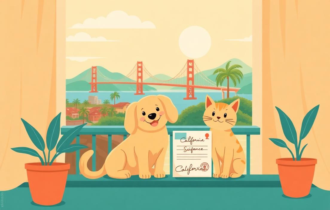 Cartoon dog and cat on a sunny California balcony with a signed ESA letter and the Golden Gate Bridge behind them