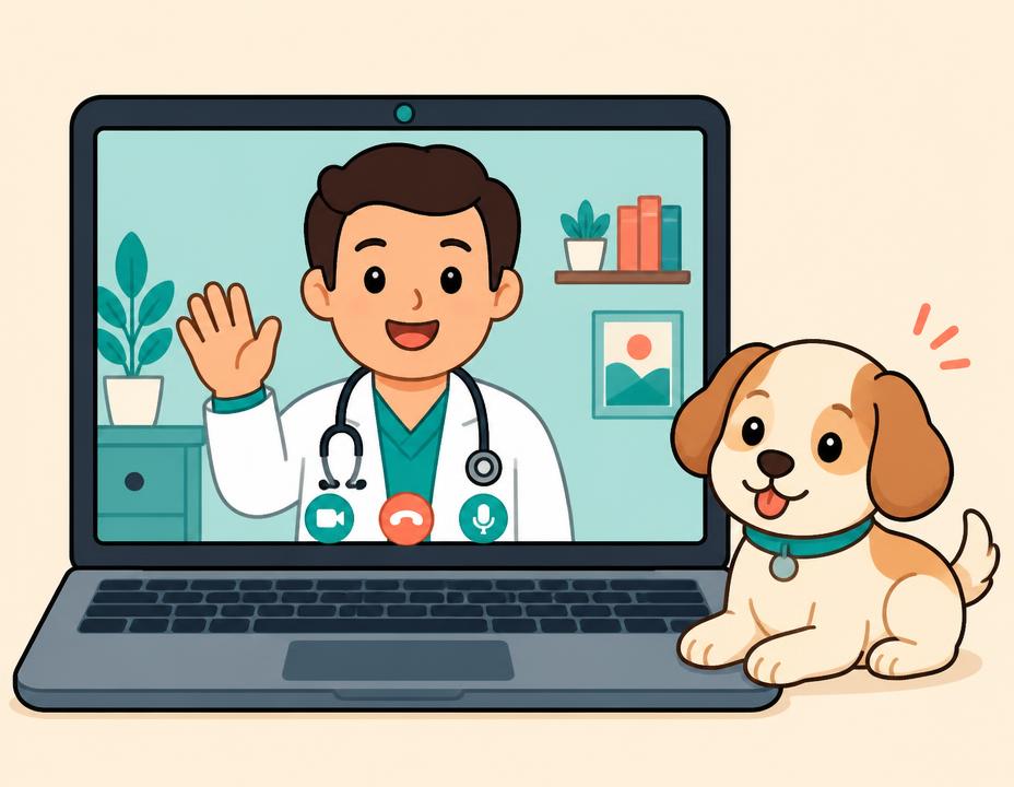 Cartoon doctor waving on a laptop video call with a puppy nearby