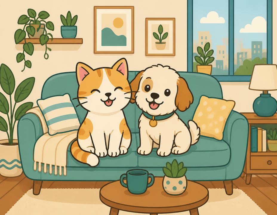 Cartoon cat and dog relaxing on a couch in a cozy apartment