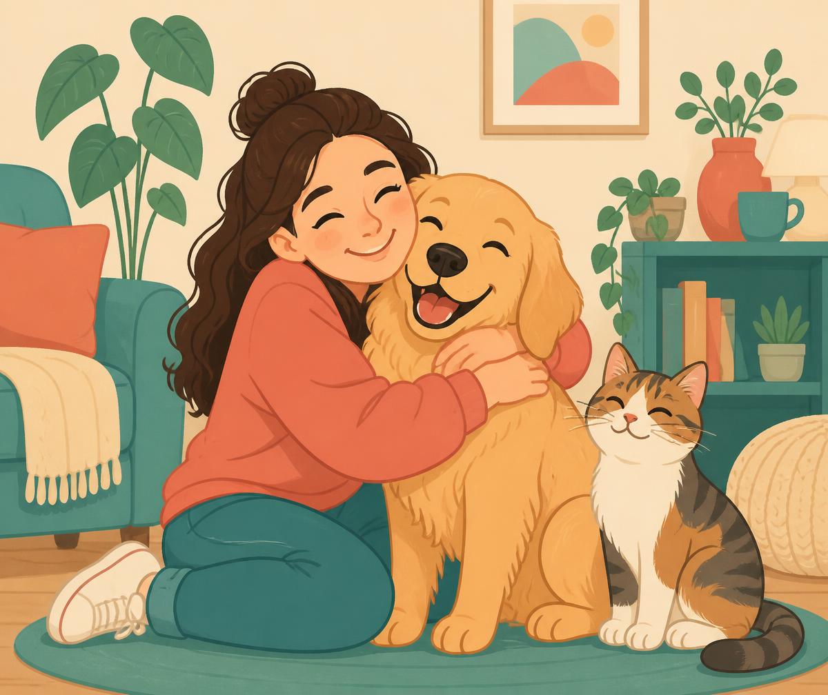 Cartoon illustration of a smiling woman hugging her dog with a cat beside them
